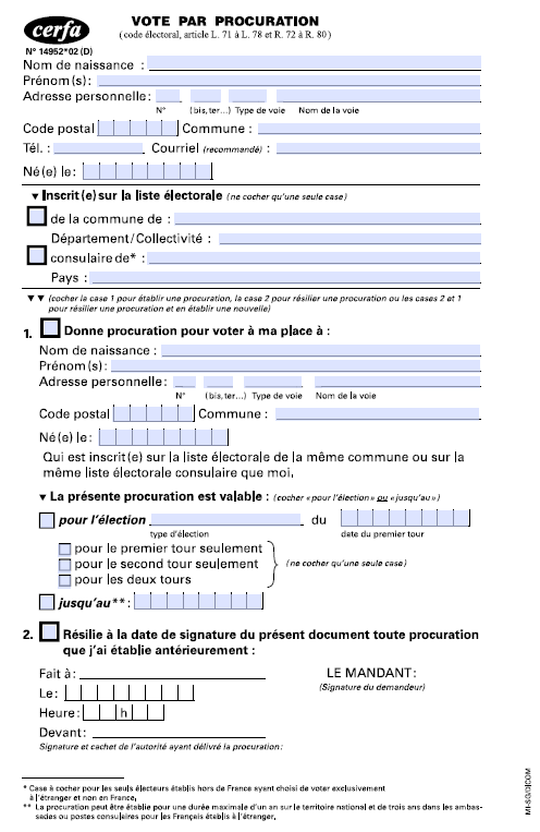 Formulaire vote par procuration cerfa 14952-02