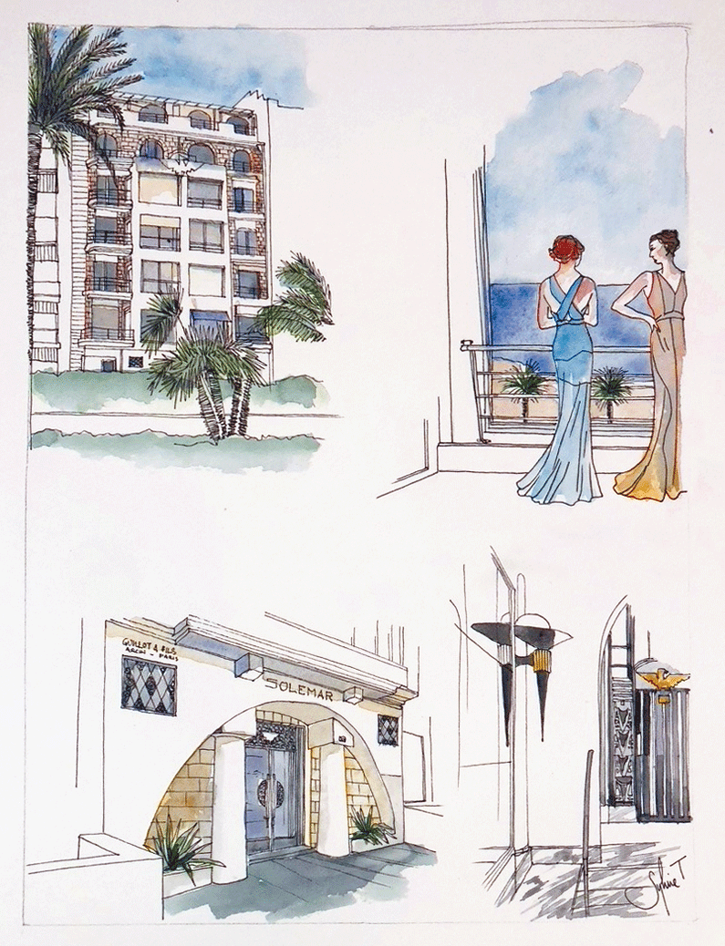 Balade à travers l’histoire… du Solemar (promenade des Anglais, architecte Guillot, 1934). Dessin (encre et aquarelle) par Sylvie T, 2020, 29x38 cm, © Ville de Nice, Centre d’interprétation de l’architecture et du patrimoine