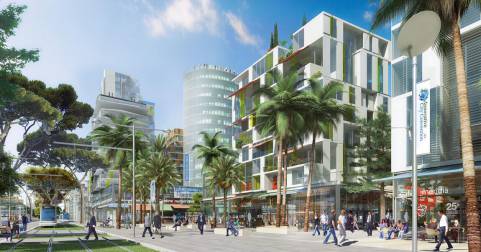 Vue en images de synthèse de la future technopole urbaine de Nice Méridia avec tramway, commerces et immeubles de bureaux
