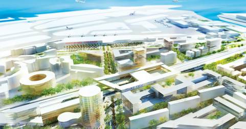 Vue en images de synthèse du futur Grand Arénas avec la gare TGV, l'aéroport et des immeubles de bureaux
