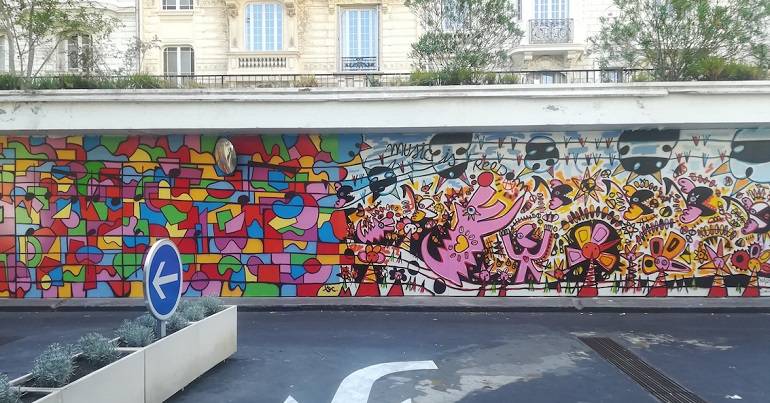 Fresque de François Nasica & Brian Caddy au parking Mozart