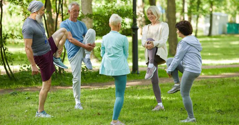 seniors faisant de la gym douce dans un jardin