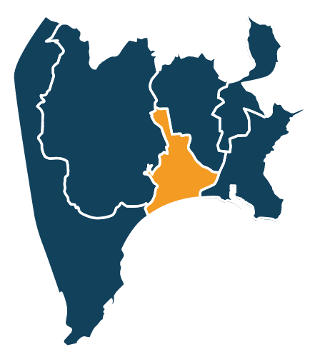 Carte stylisée de la ville de Nice découpée en six territoires. L’une de ces zones, située dans la partie sud et centrée de la carte, est colorée en orange pour être mise en évidence. Cette zone correspond au "territoire Cœur de Nice".