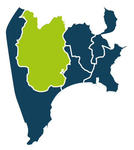 Carte stylisée de la ville de Nice découpée en six territoires. L’une de ces zones, située dans la partie nord-ouest de la carte, est colorée en vert clair pour être mise en évidence. Cette zone correspond au "territoire Collines Niçoises".