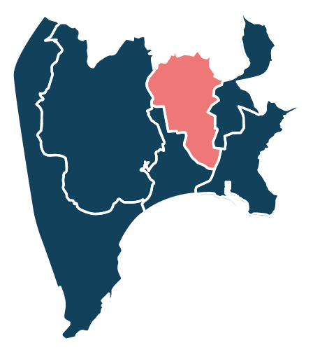 Carte stylisée de la ville de Nice découpée en six territoires. L’une de ces zones, située dans la partie nord-est de la carte, est colorée en rose clair pour être mise en évidence. Cette zone correspond au "territoire Hauts de Nice".
