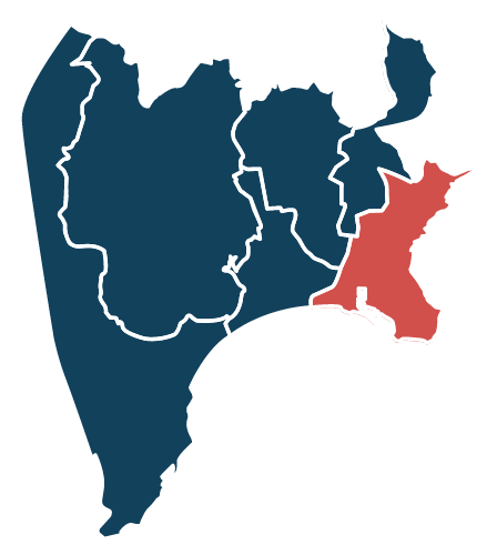Carte stylisée de la ville de Nice découpée en six territoires. L’une de ces zones, située dans la partie sud-est de la carte, est colorée en rouge pour être mise en évidence. Cette zone correspond au "territoire Nice historique".