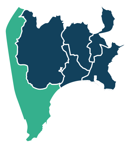 Carte stylisée de la ville de Nice découpée en six territoires. L’une de ces zones, située dans la partie ouest de la carte, est colorée en vert pour être mise en évidence. Cette zone correspond au "territoire Ouest".