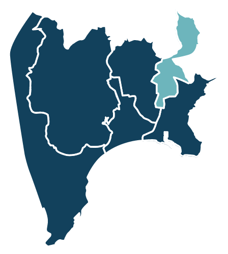Carte stylisée de la ville de Nice découpée en six territoires. L’une de ces zones, située dans la partie nord-est de la carte, est colorée en bleu clair pour être mise en évidence. Cette zone correspond au "territoire Rives du Paillon".