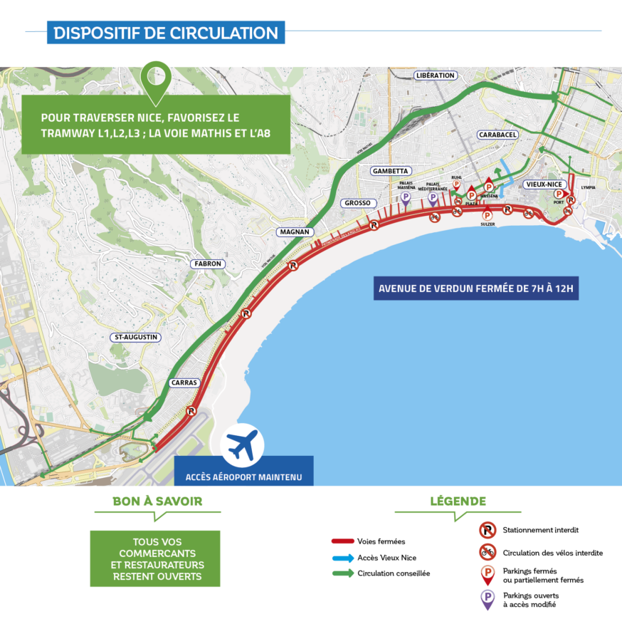 Dispositif de circulation : Avenue de Verdun fermée de 7h à 12h - Accès Aéroport maintenu. pour traverser Nice, favorisez le tramway L1, L2, L3 ; La voie Mathis et L'A8. Tous vos commerçants et restaurateurs restent ouverts.